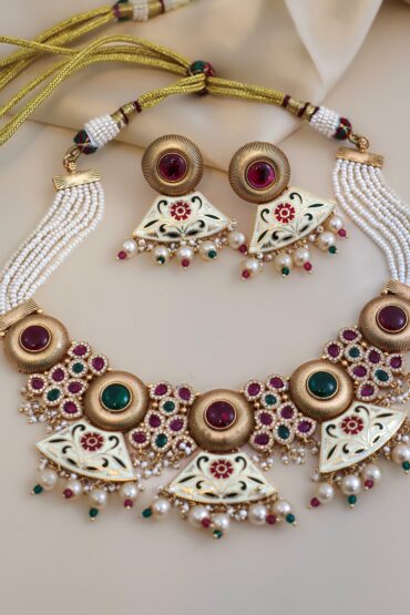 Antique Gold Plated  Designer Rajwadi Necklace and Earring Set