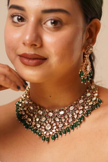 Jadau Polki Kundan Meenakari Necklace Set with maangtikka and earrings