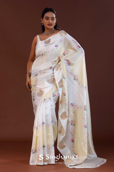 Off White Banarasi Saree With Floral Print