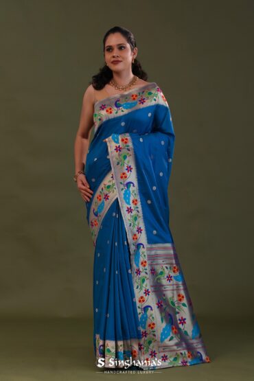 Cobalt Blue Paithani Saree With Floral Butti'S