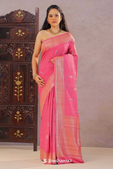 Pink Munga Tussar Saree With Floral Butti'S