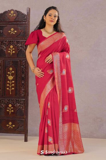 Cherry Red Munga Tussar Saree With Butta