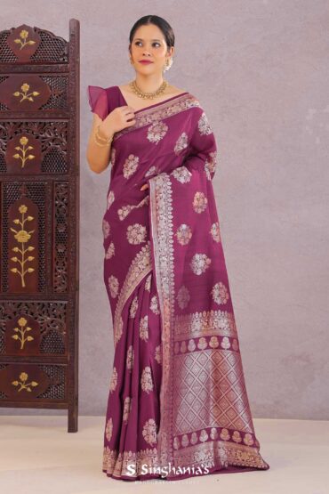 Burgundy Munga Tussar Saree With Floral Butta'S