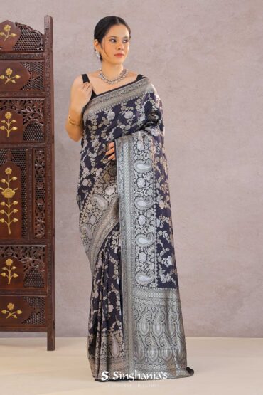 Navy Blue Banarasi Munga Tussar Silk Saree With Floral Jaal
