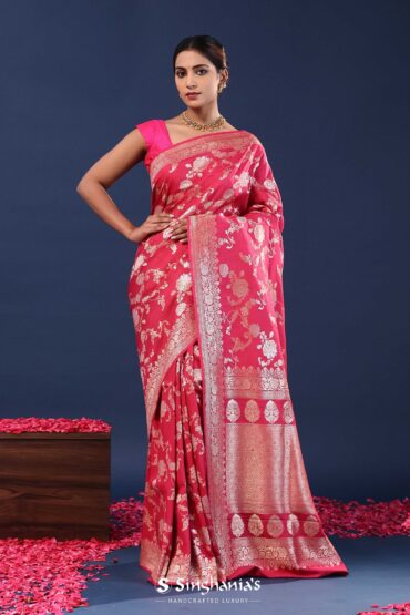 Vivid Burgundy Banarasi Saree With Floral Weaving