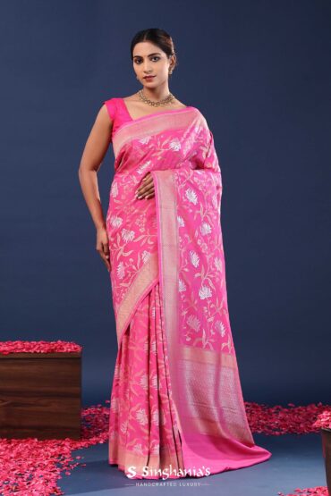 Deep Cerise Pink Banarasi Saree With Floral Weaving