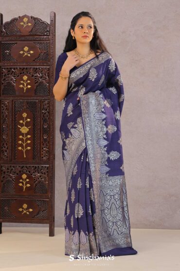 Very Dark Desaturated Blue Munga Tussar Saree With Floral Butta'S