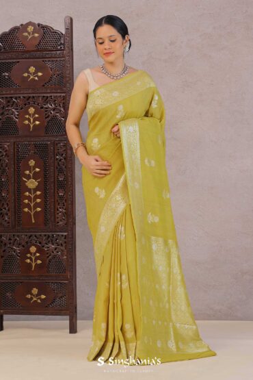 Warm Olive Green Munga Tussar Saree With Butti'S