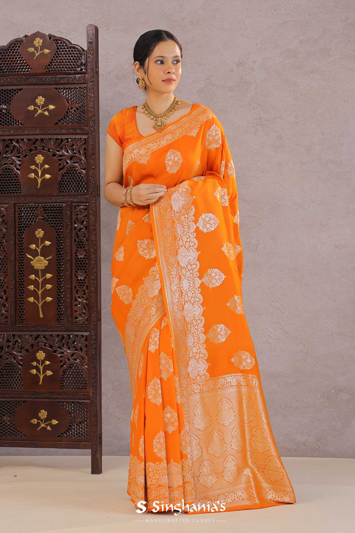 International Orange Munga Tussar Saree With Butta'S