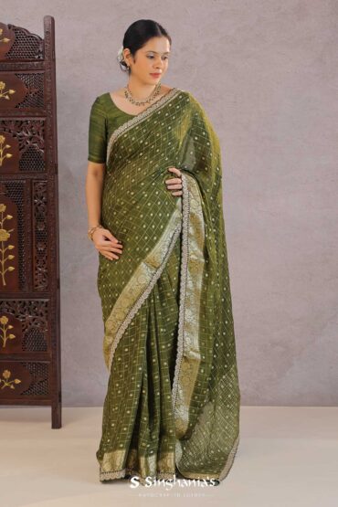 Mahendi Green Banarasi Silk Saree With Scallop Border