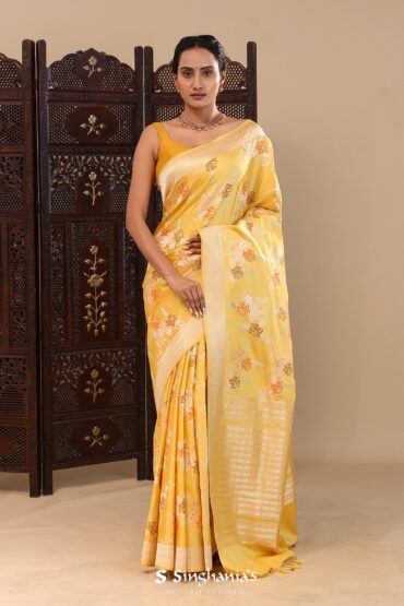 Yellow Banarasi Silk Saree With Meenakari Design