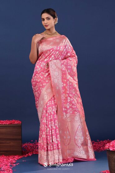 Raspberry Rose Banarasi Saree With Floral Weaving
