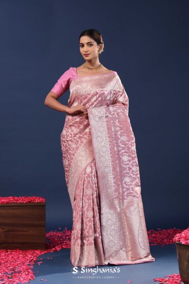 Raspberry Glace Pink Banarasi Saree With Floral Weaving
