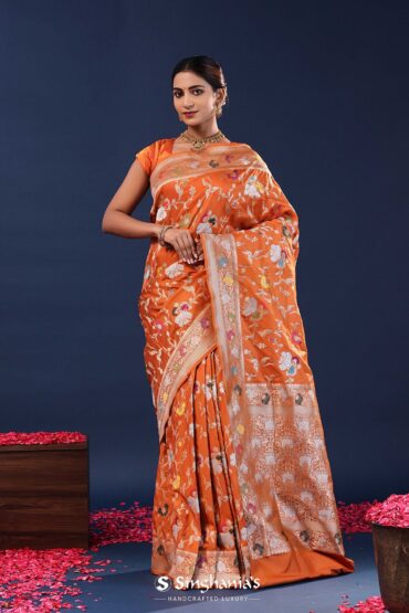 Burnt Orange Banarasi Saree With Meenakari Jaal