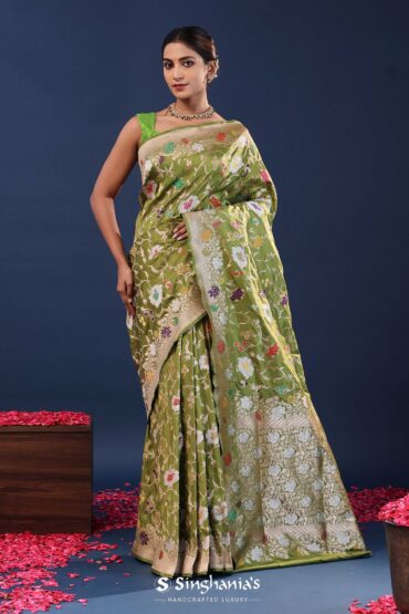Woodland Green Banarasi Saree With Meenakari Jaal