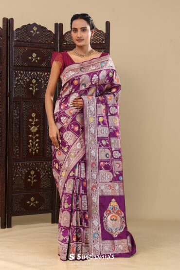 Dark Purple Banarasi Silk Saree With Meenakari Design