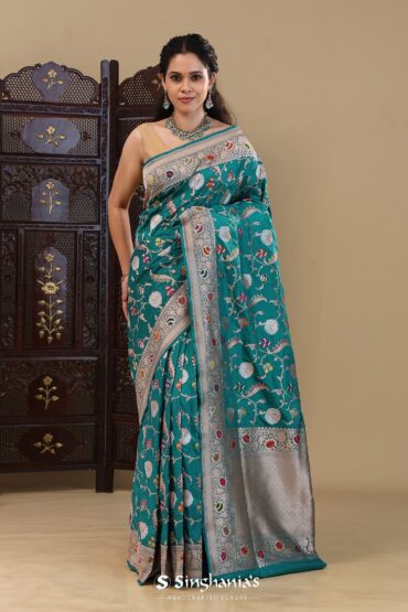Teal Blue Banarasi Silk Saree With Floral Jaal
