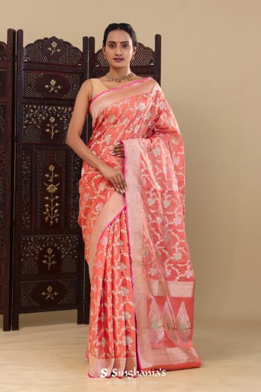 Dark Peach Banarasi Tissue Saree With Meenakari Design