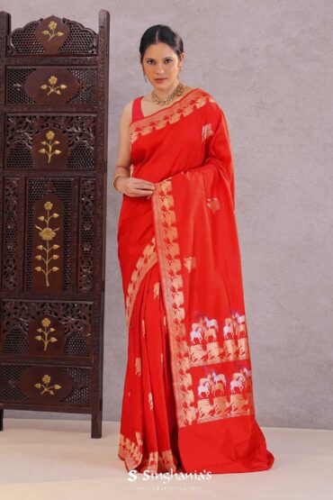 Vibrant Red Mashru Banarasi Saree With Horse Motifs