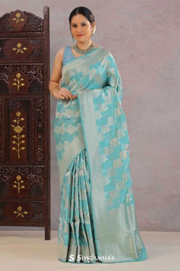 Medium Turquoise Banarasi Silk Saree With Floral Jaal