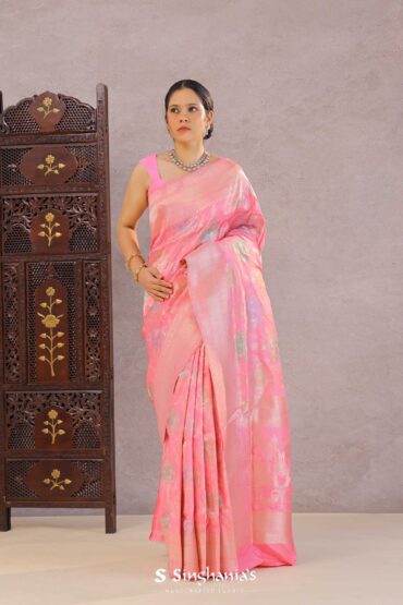 Watermelon Pink Banarasi Silk Saree With Meenakari Design
