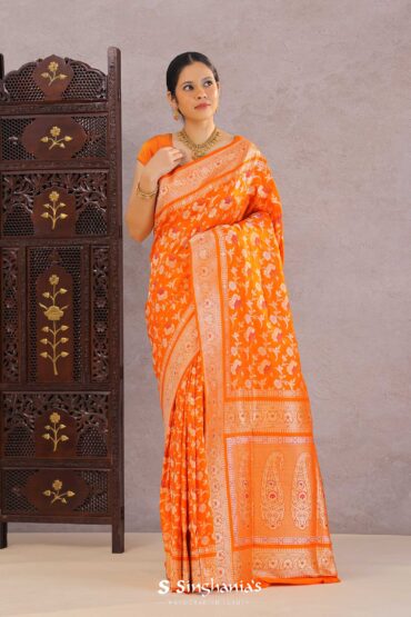 Vibrant Orange Banarasi Silk Saree With Floral Jaal