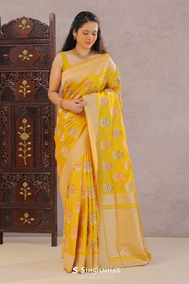 Vibrant Yellow Banarasi Silk Saree With Meenakari Butti'S