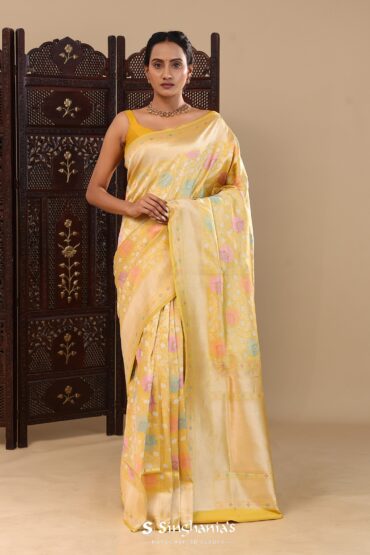 Yellow Banarasi Silk Saree With Meenakari Design