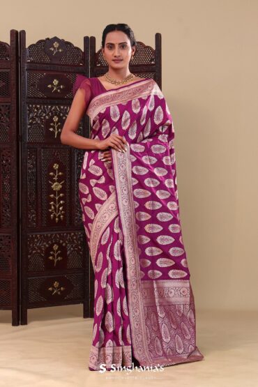 Wine Purple Banarasi Silk Saree With Floral Border