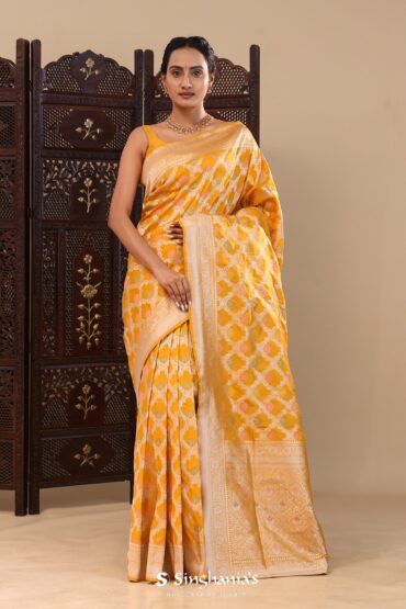 Turmeric Yellow Banarasi Silk Saree With Jaal