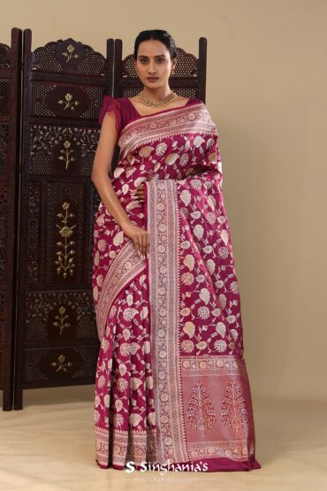 Burgundy Banarasi Silk Saree With Self Border