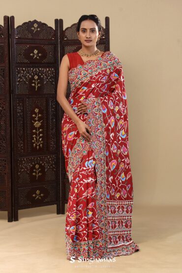 Dark Tan Red Patola Silk Saree With Scallop Border