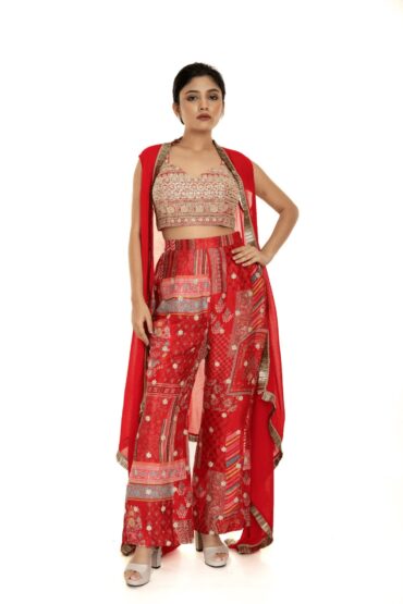 Red Cape Set with Embroidered Crop Top and Printed Palazzo