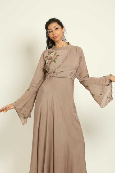 Mushroom Cotton Gown with Floral Hand Embroidery Work