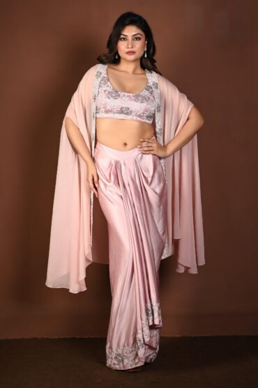 Light Pink Draped Skirt Set with Hand Embroidered Top and Cape Set