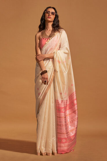 Isha Cream Kanoi Silk Woven Floral Aentic Saree
