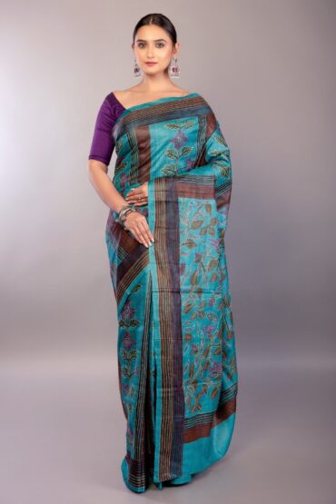 Teal Blue Silk Kantha Stitch Saree Floral Embroidery Work
