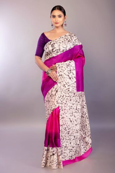 Pink and Purple Ombre Silk Saree with Contrasting White Batik Print Border