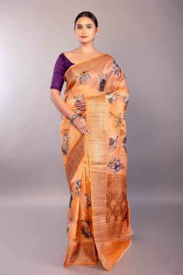 Coral Orange Organza Silk Saree with Floral Prints and Woven Zari Border