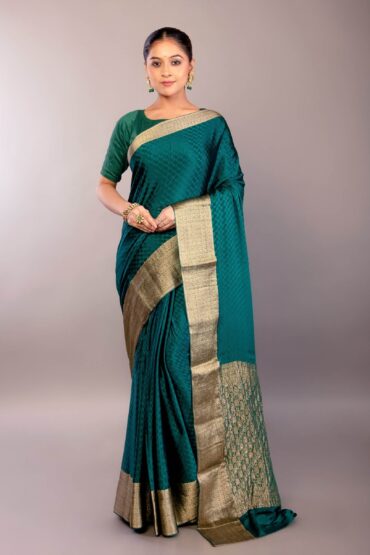 Teal Green Silk Saree with Self Design and Matt Gold Zari Border