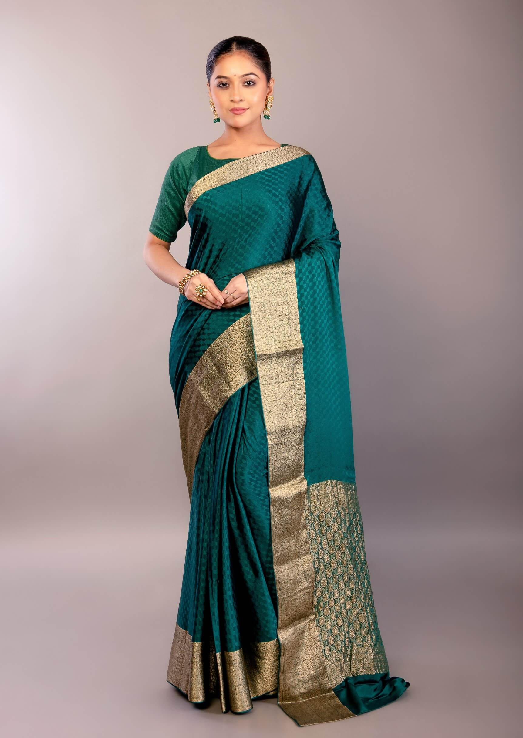 Teal Green Silk Saree with Self Design and Matt Gold Zari Border