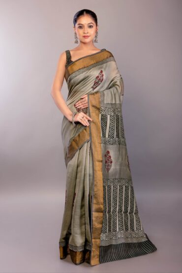 Gray Block Print Silk Saree with Matt Gold Zari Border