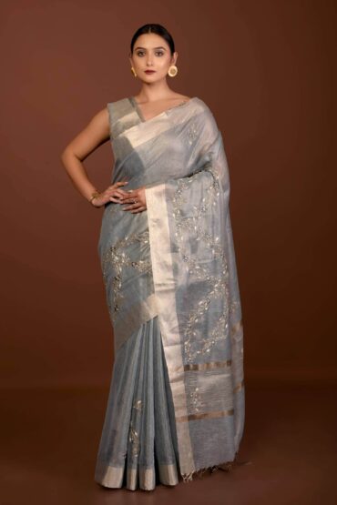 Gray Silk Linen Saree with Floral Embroidery Work and Zari Border