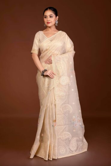 Off-White Printed Organza Saree with Embroidery Work and Lace Trim