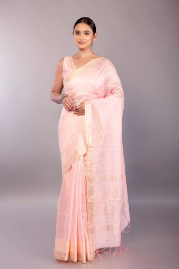 Baby Pink Silk Linen Saree with Contrasting Gold Zari Border