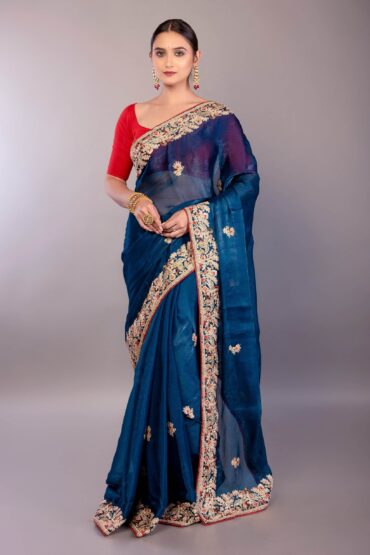 Dark Blue Jimmy Choo Saree with Multicolor Floral Hand Embroidery