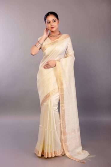 Pure White Silk Linen Saree with Self-Design Gold Zari Border