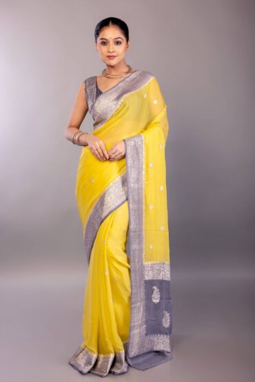 Yellow Khaddi Georgette Banarasi Saree with Contrasting Gray Zari Border