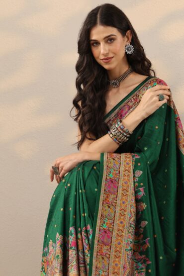 Green Printed Silk Blend Saree With Unstitched Blouse Piece