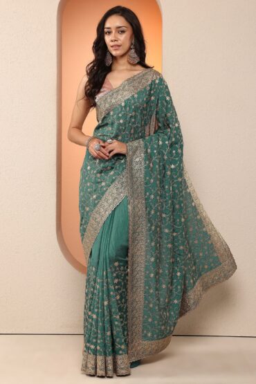 Green Embellished Silk Blend Saree With Unstitched Blouse Piece